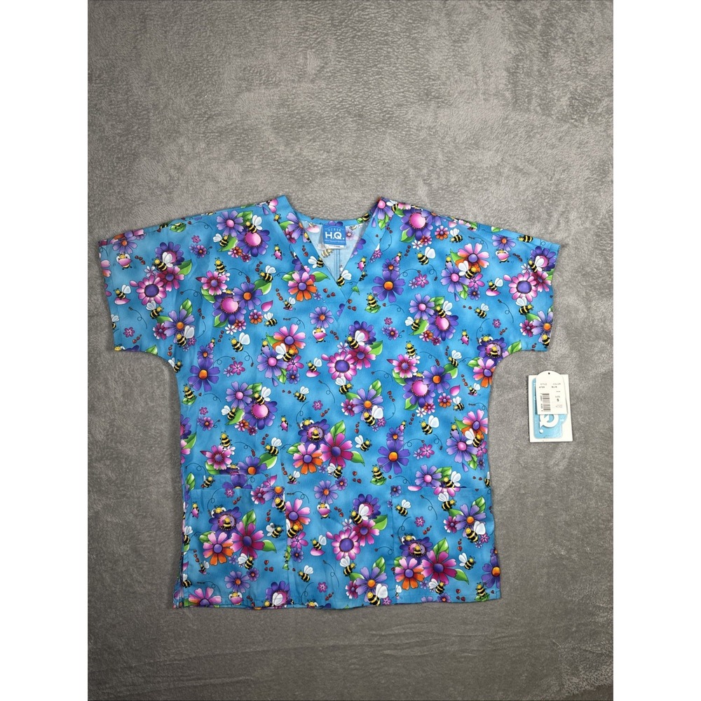 Women's Scrub H.Q. Short Sleeve Scrub‎ Top Size S Spring Print, Bees, Flowers